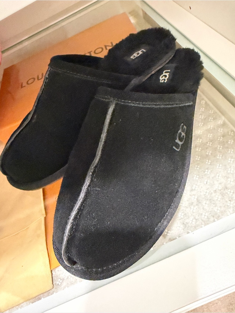 UGG Kids Black Suede Shearling Clog Slippers
